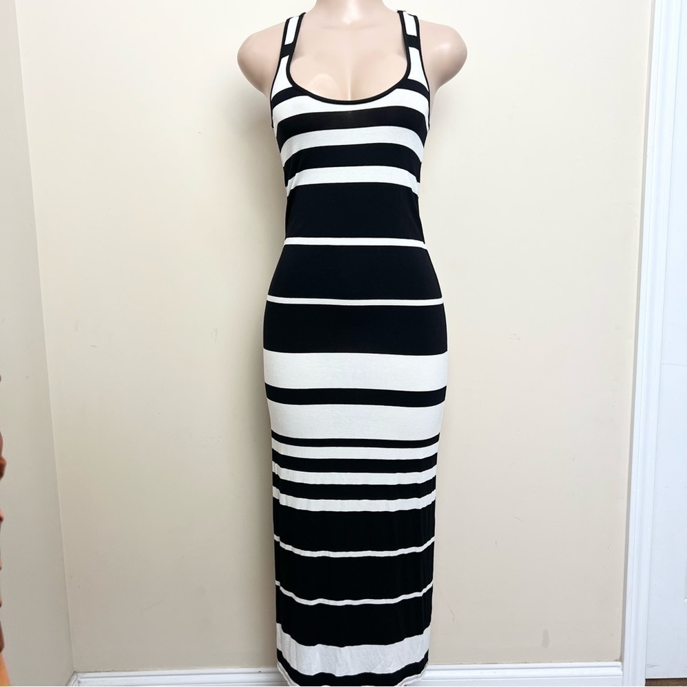AQUA Black & White Striped Maxi Dress